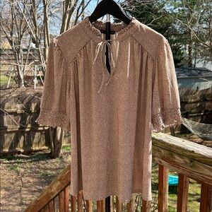 Adrianna Papell short sleeve polkadot blouse with ruffle collar and tie detail